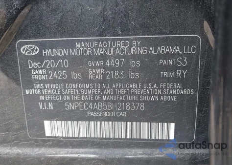 2011 Hyundai Sonata Se 2.0T из США, поврежденный, VIN 5NPEC4AB5BH218378